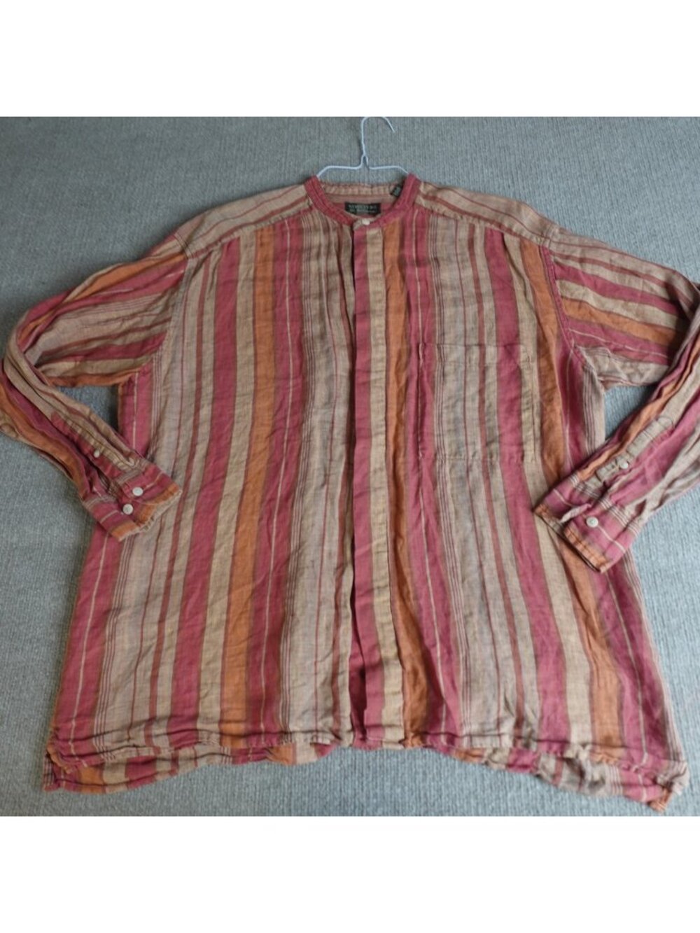 Structure Mens Shirt Medium Orange Striped Linen Band Collar Hidden Placket